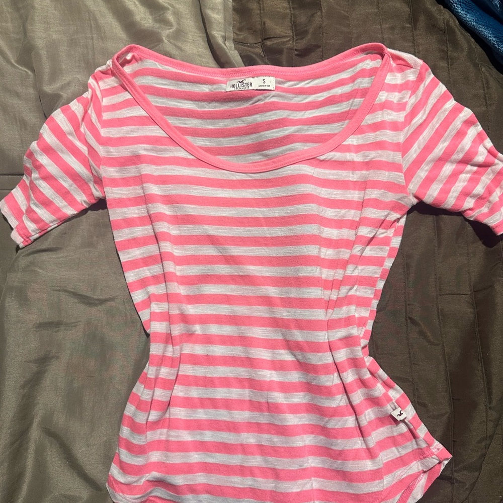 Hollister Pink and White Striped Tee